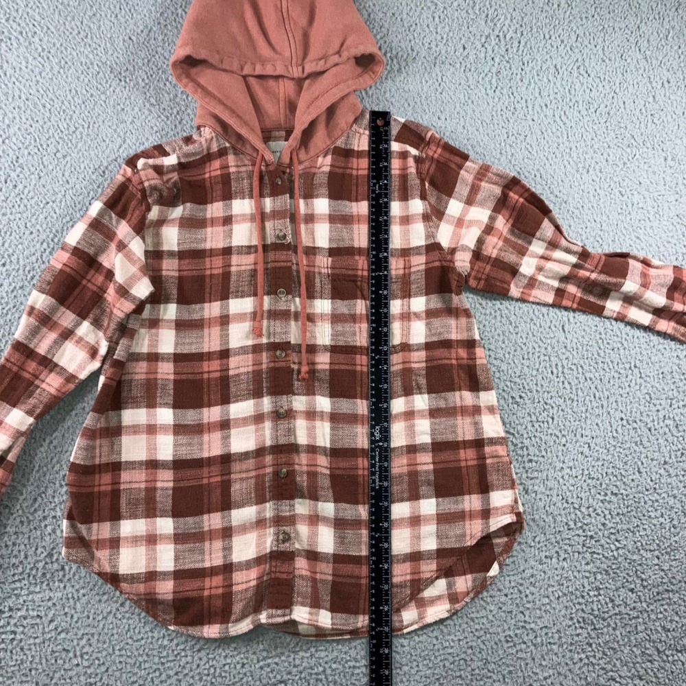 American Eagle Hooded Flannel Shirt Women Small Brown Pink Button Up Y2K Shacket - Picture 5 of 10